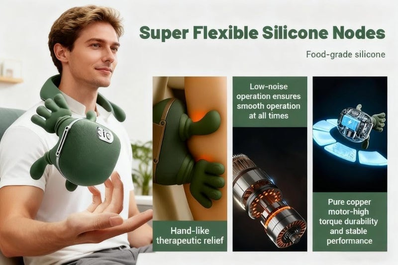 إي وورلد مدلك رقبة وظهر شيّاتسو مع تسخين، تقنية العجن العميق 4D بتصميم اليد البشرية، جهاز كهربائي لتخفيف الألم واسترخاء العضلات – أخضر قماشي - Image 4